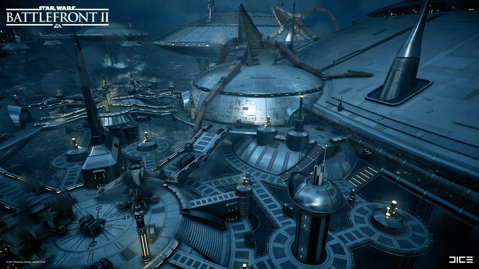 HD wallpaper of Kamino from Star Wars Battlefront II, featuring the iconic cloning facilities under a stormy sky.