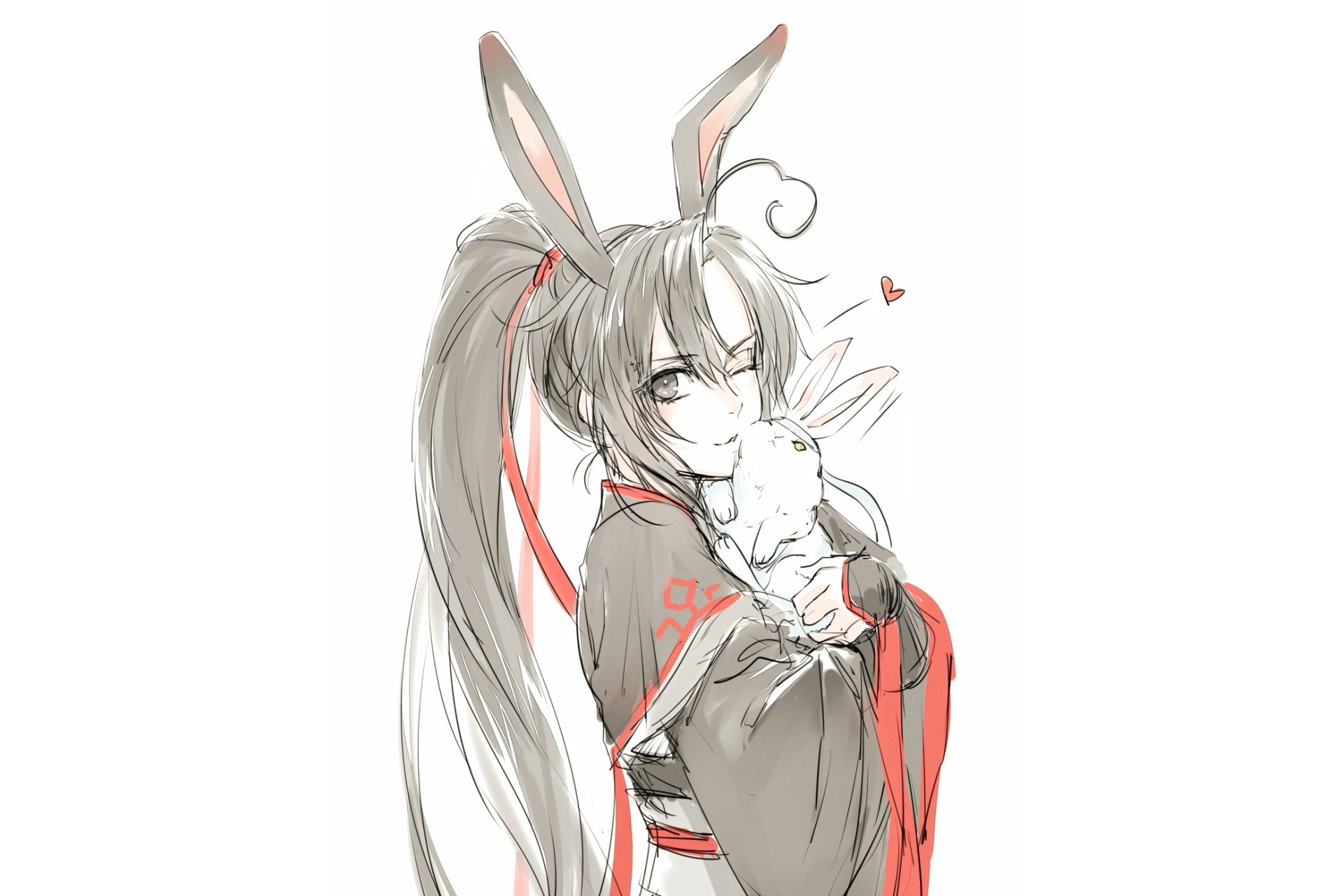 Wei Wuxian (Mo Dao Zu Shi) anime HD PC desktop wallpaper background: soft sketch of him in red-trimmed robes, long ponytail and bunny ears, gently holding a white rabbit.