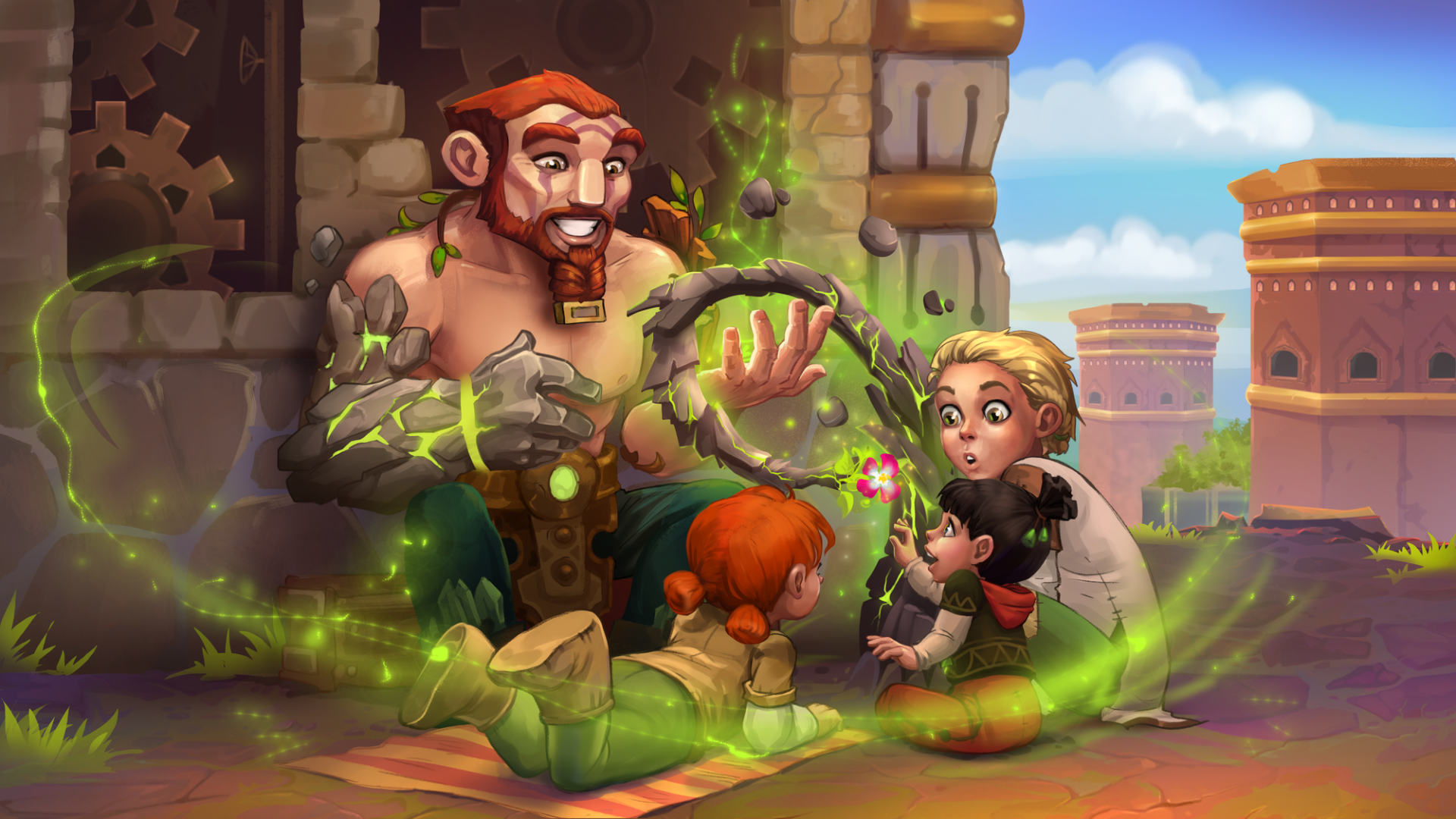 HD Hero Wars desktop wallpaper featuring a bearded hero with magical green energy enchanting two amazed children against a castle backdrop.