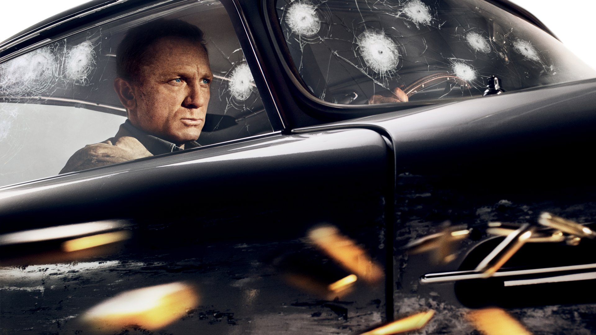 Daniel Craig as James Bond in a scene from No Time to Die, shown inside a bullet-riddled car, captured in 4K Ultra HD for a PC desktop wallpaper.