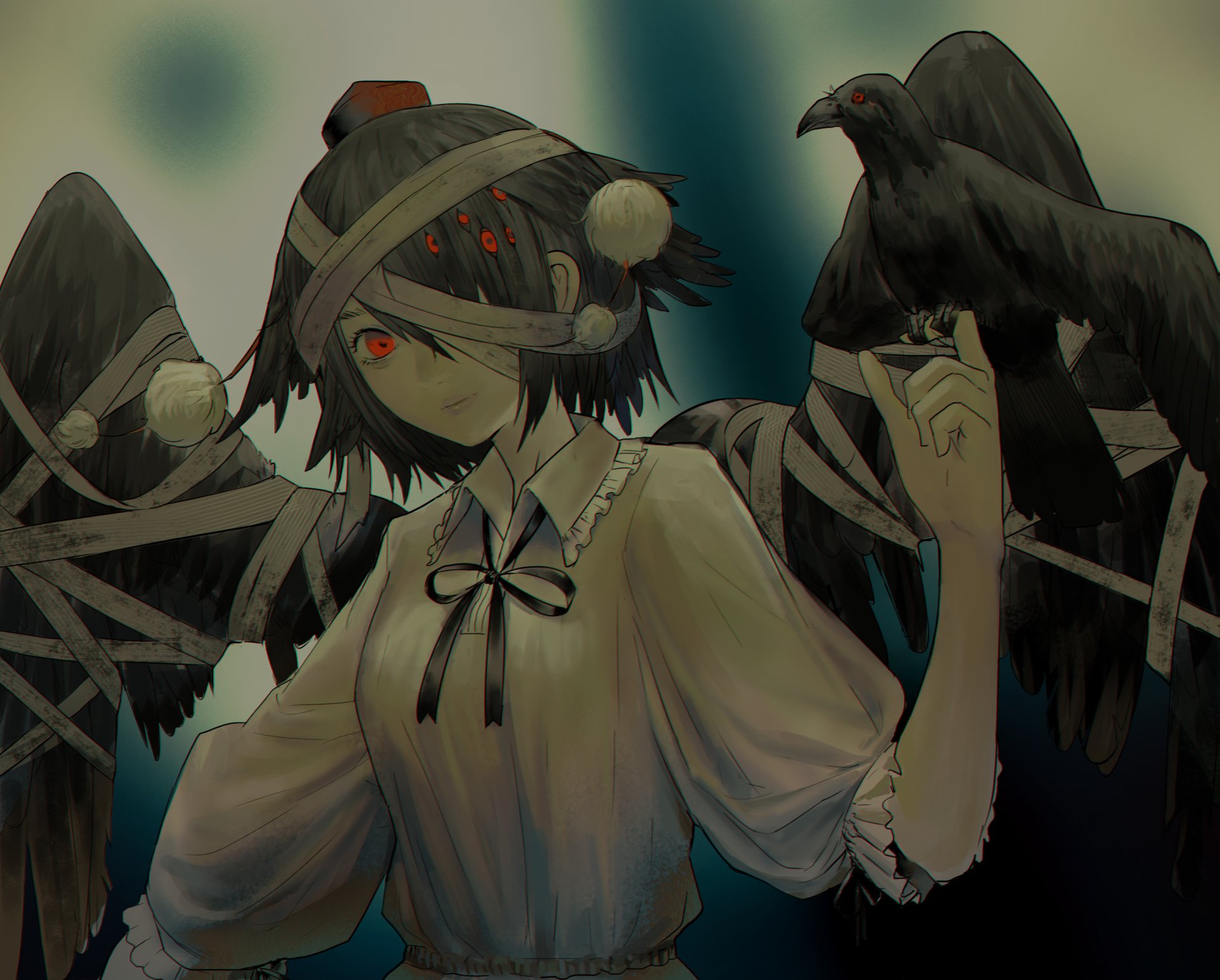 HD PC desktop wallpaper featuring Aya Shameimaru from the Touhou anime series, depicted with dark wings and a mysterious expression.