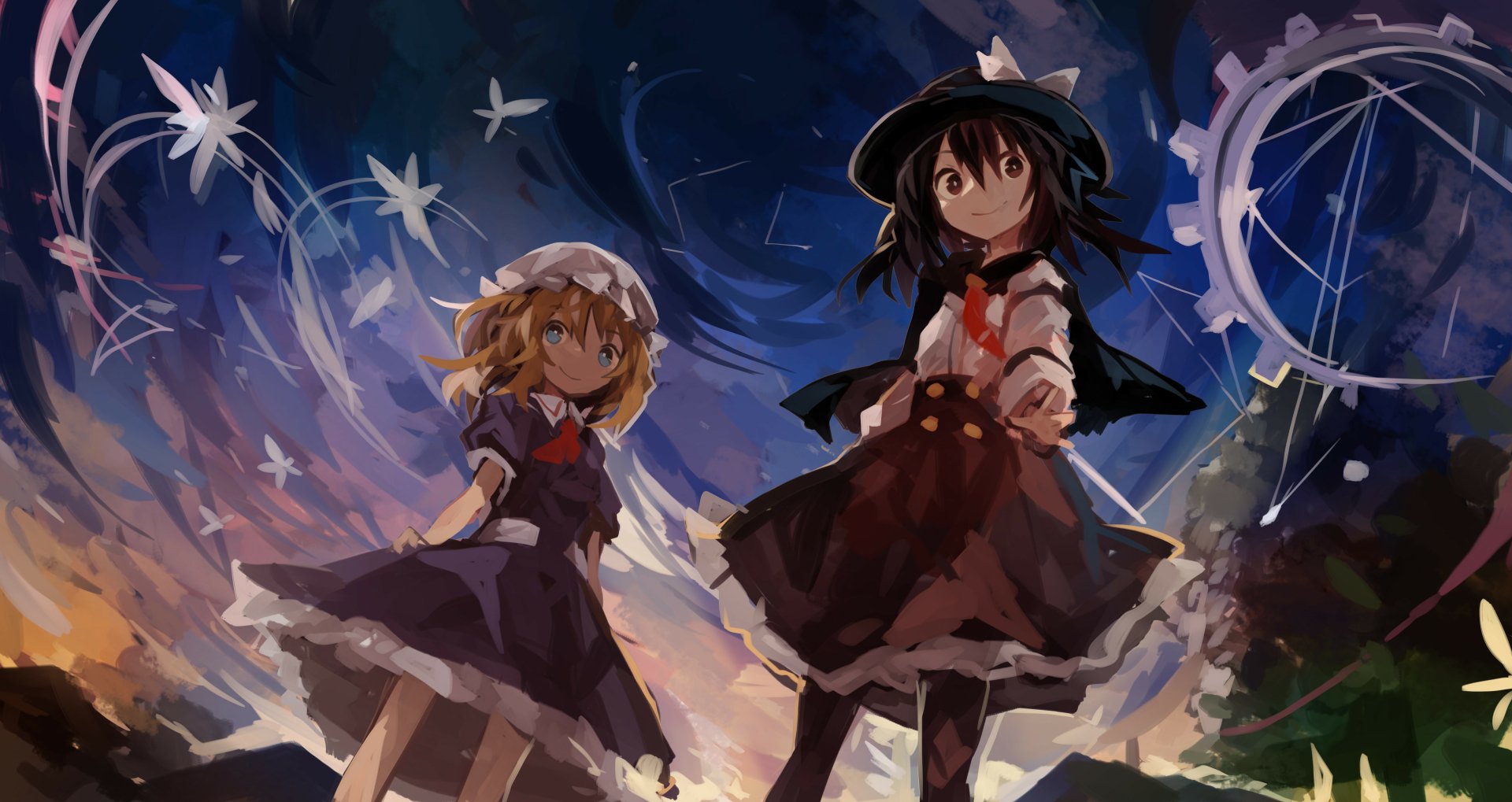 4K Ultra HD anime wallpaper featuring Maribel Hearn and Renko Usami from the Touhou series against a dynamic, starry night sky background.