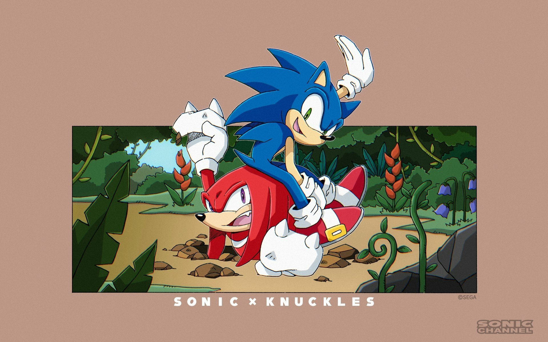 HD PC desktop wallpaper featuring Sonic the Hedgehog and Knuckles the Echidna from the Sonic Channel video game series in a vibrant, animated forest scene.