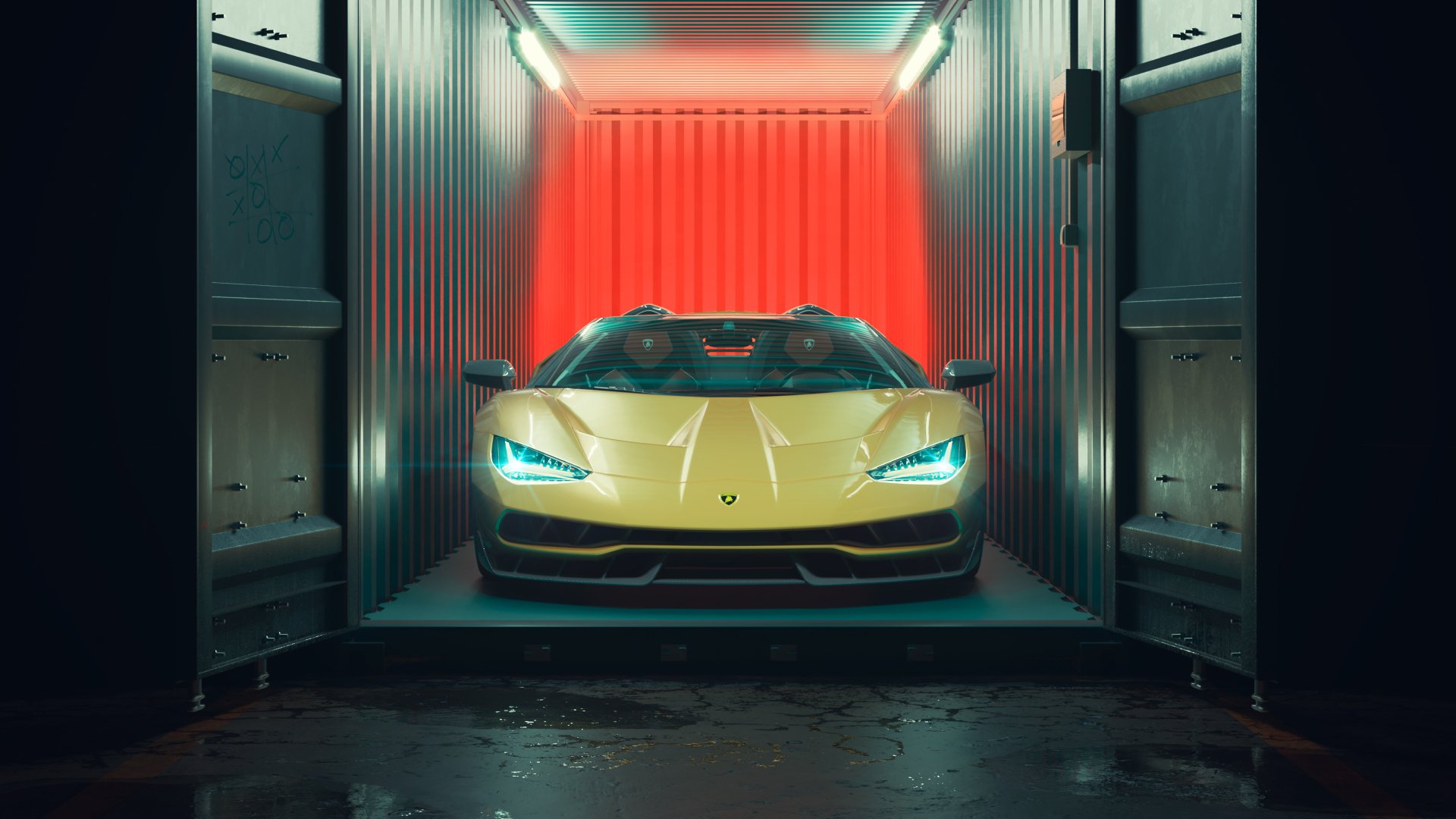 A yellow Lamborghini Centenario supercar with glowing headlights, showcased in a sleek, dimly lit modern garage, captured in stunning 4K Ultra HD detail.