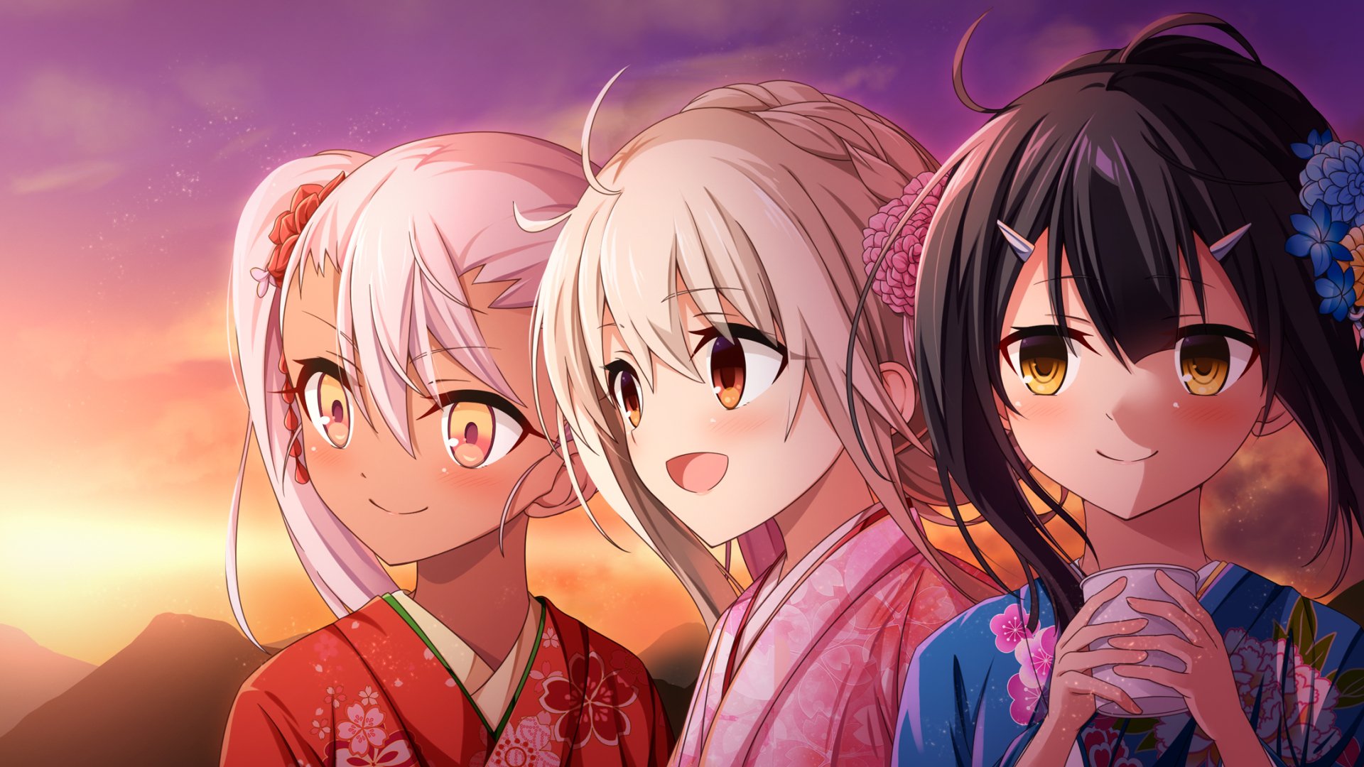 HD anime wallpaper featuring Miyu Edelfelt, Illyasviel Von Einzbern, and Chloe von Einzbern from Fate/kaleid liner Prisma Illya against a vibrant sunset background.