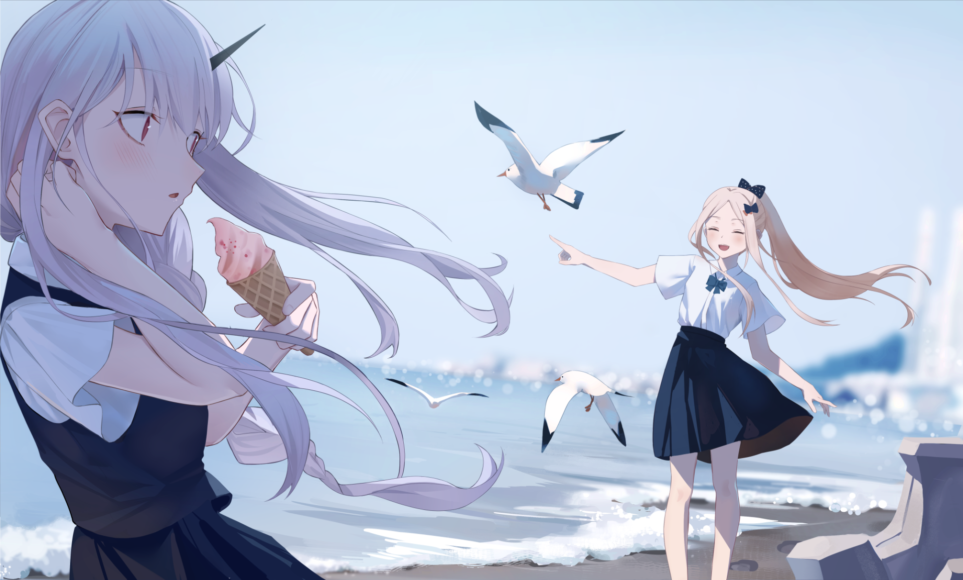 Anime-style HD wallpaper featuring Lavinia Whateley and Abigail Williams from Fate/Grand Order in school uniforms by the seaside, with seagulls flying around.