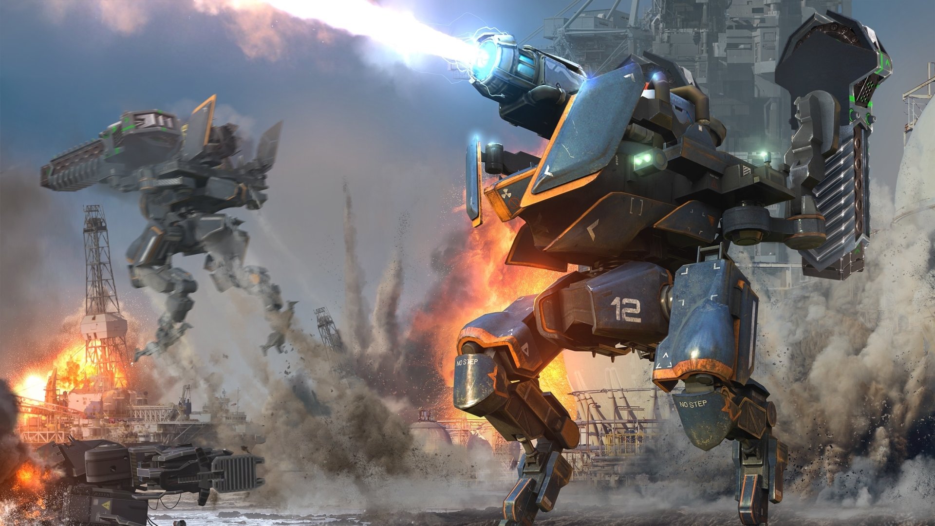 HD desktop wallpaper of War Robots featuring battling mechs amidst explosions and a dynamic battlefield background.