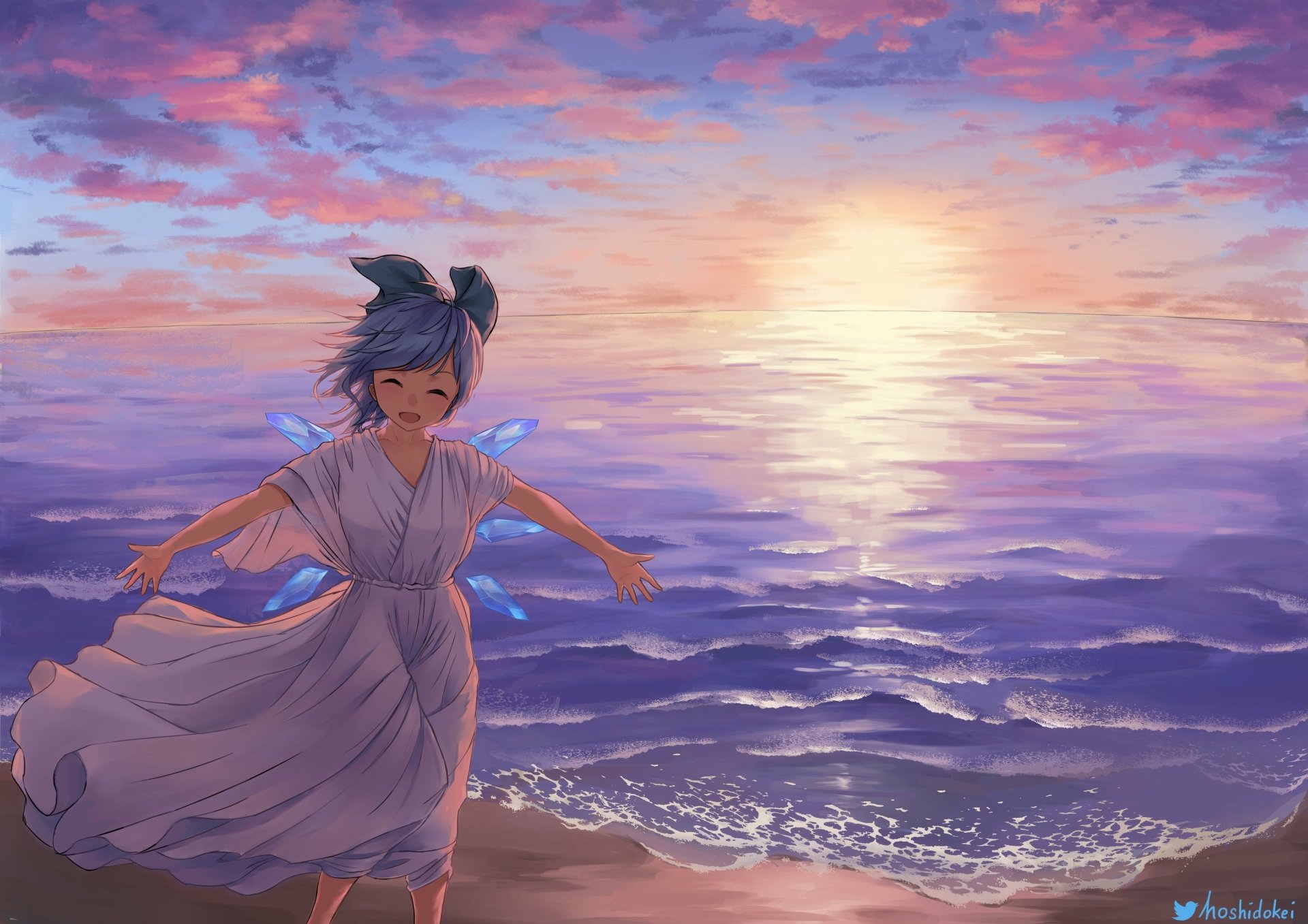 HD anime desktop wallpaper featuring Cirno from Touhou standing by the ocean at sunset, with soft waves and a colorful sky in the background.