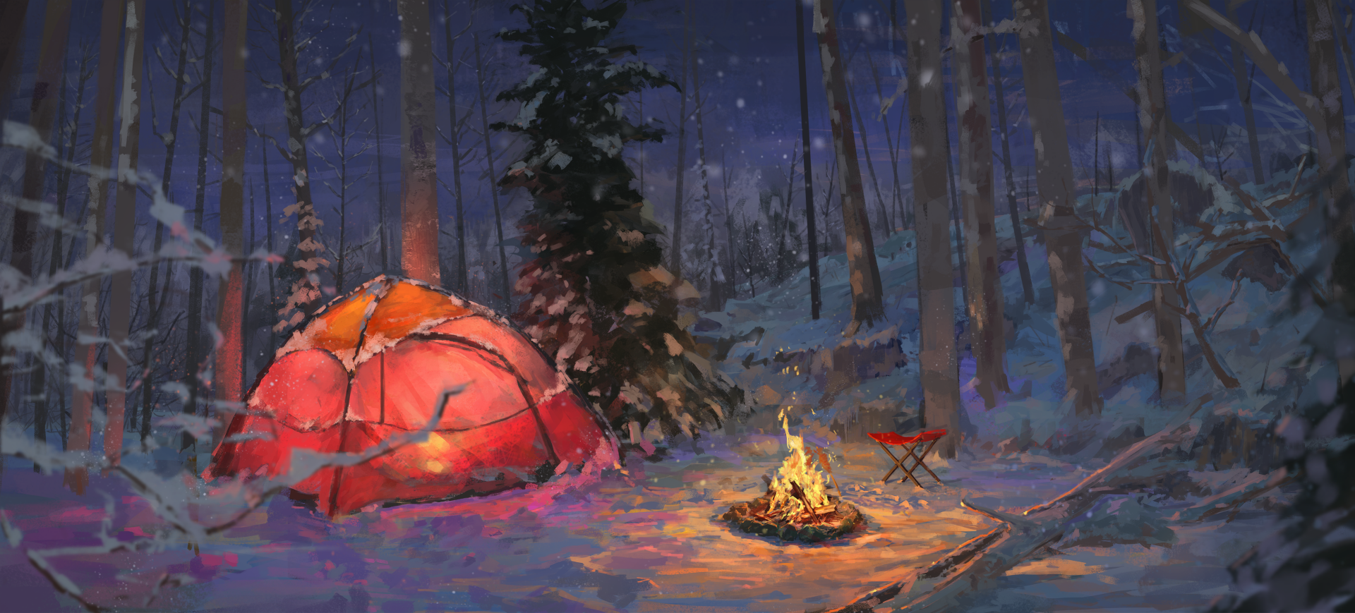 HD artistic wallpaper of a snowy forest at night, featuring a glowing tent and campfire surrounded by trees.