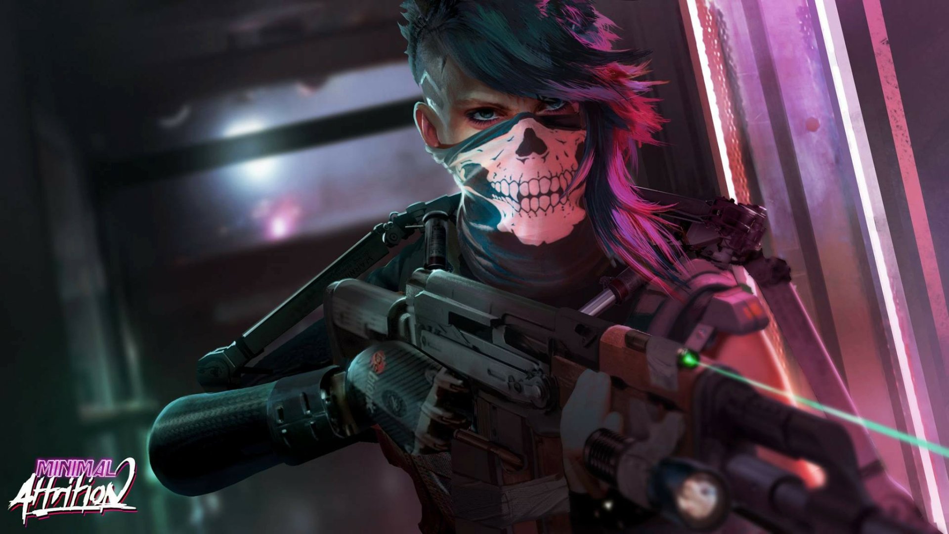 A cyberpunk cyborg character with a skull mask and futuristic weapon, set in a dark, neon-lit environment, designed as an HD PC desktop wallpaper and background.