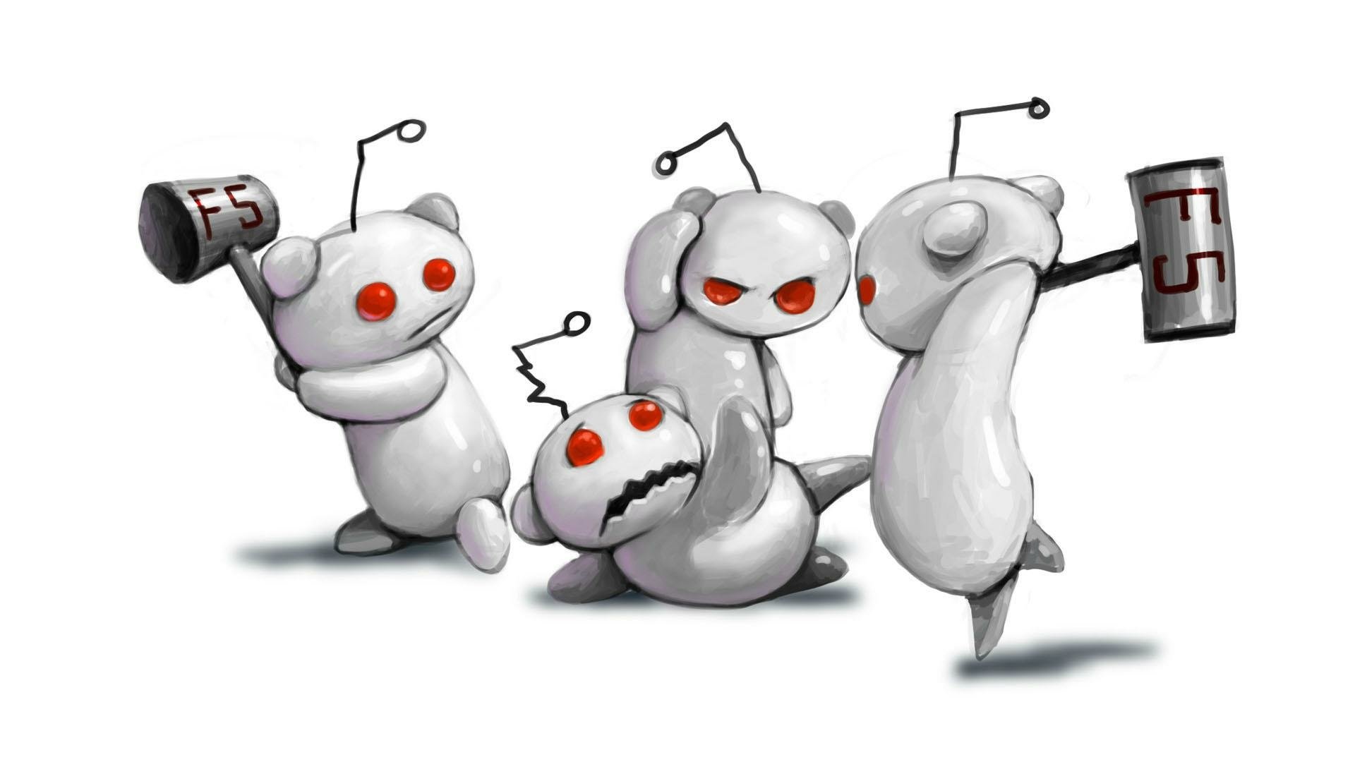 HD desktop wallpaper of stylized Reddit alien mascots in playful poses with paint and brushes, suitable as a quirky background.
