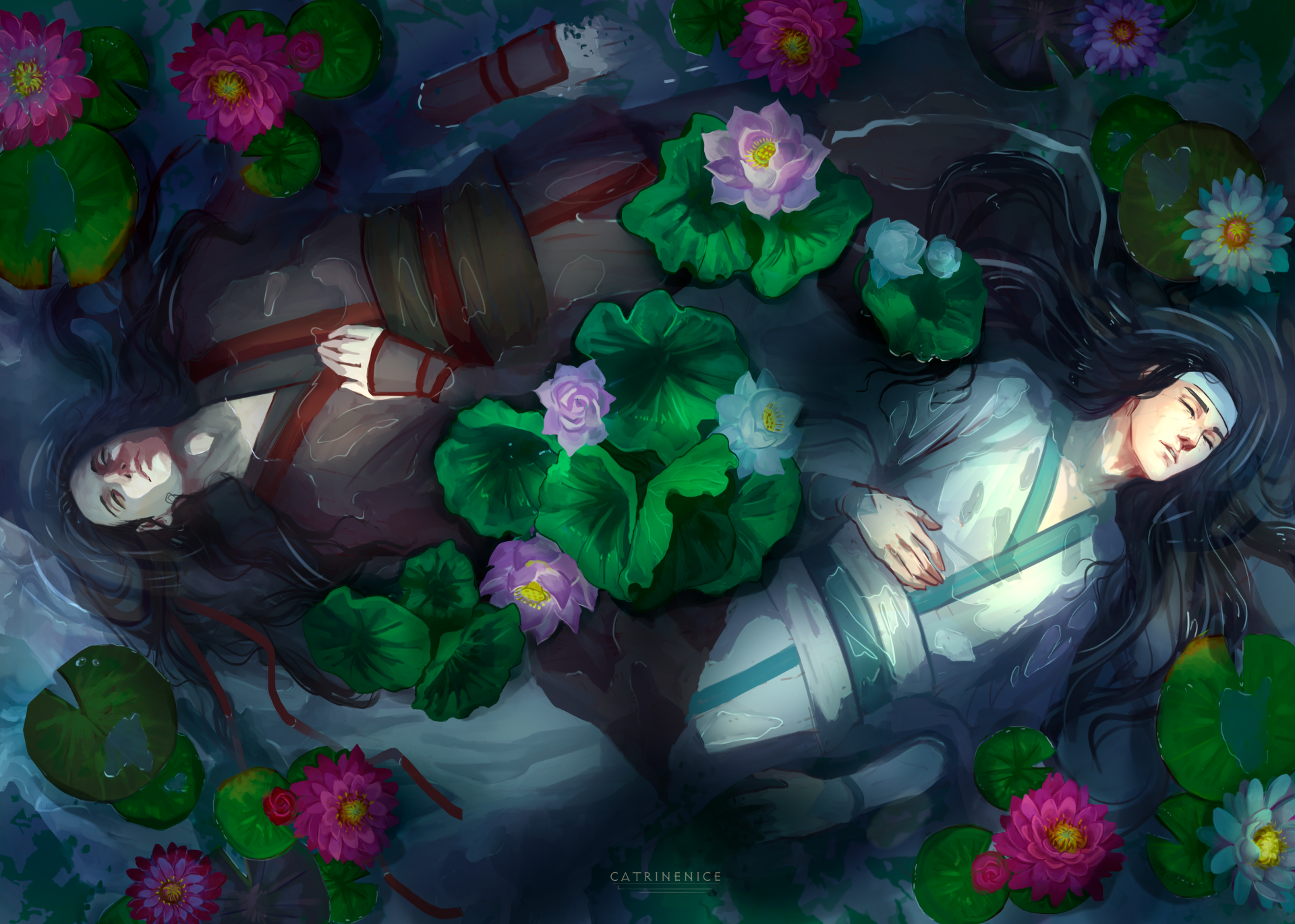 Lan Wangji and Wei Wuxian lie among lotus blooms on dark water, serene anime scene from Mo Dao Zu Shi, 4K Ultra HD PC desktop wallpaper/background.