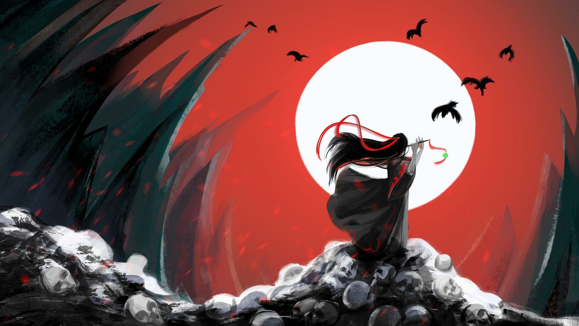 HD PC desktop wallpaper: Wei Wuxian (Mo Dao Zu Shi) silhouette in flowing robes atop a mound of skulls before a blood-red full moon, with bats circling.