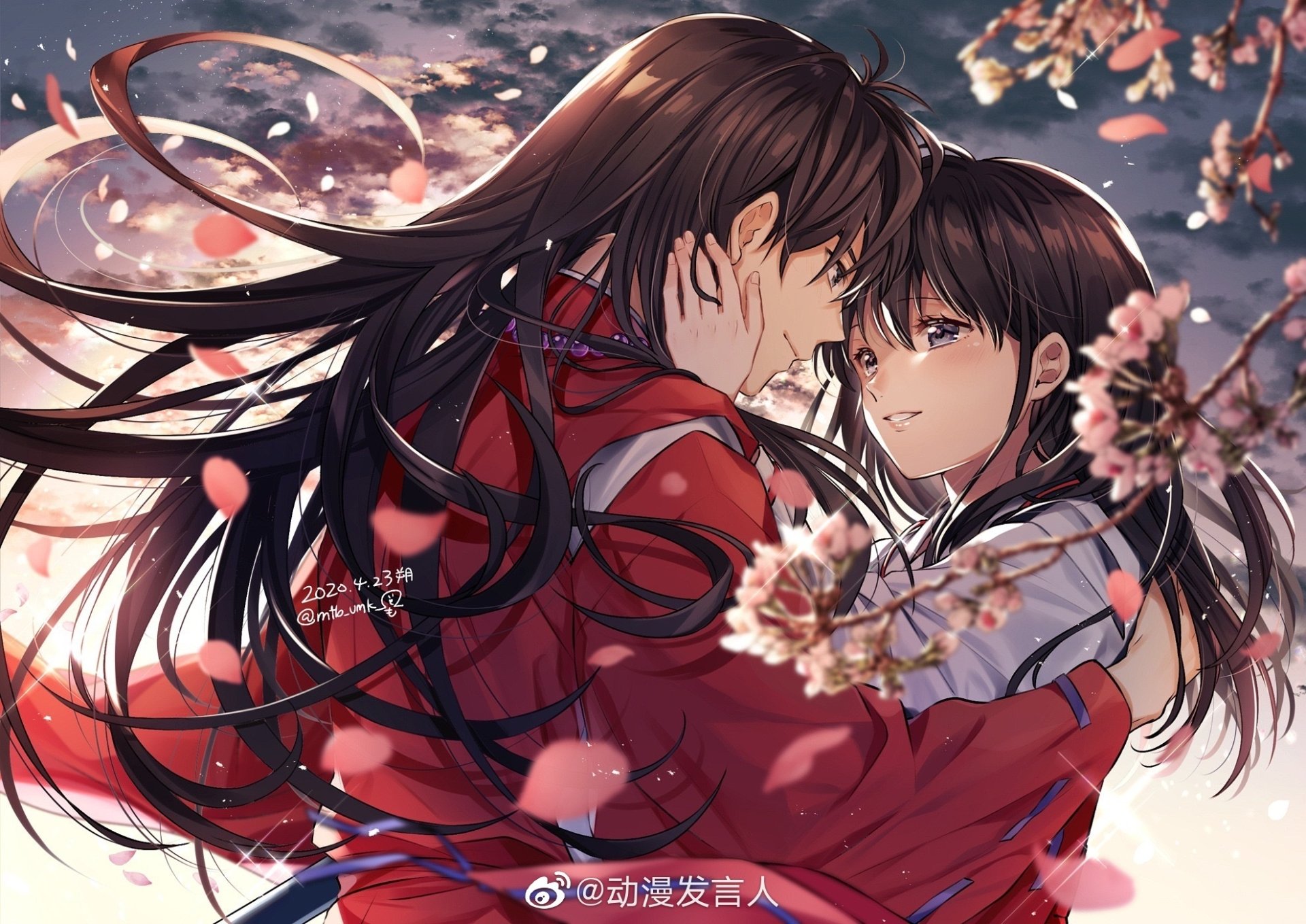 Anime HD PC desktop wallpaper featuring InuYasha and Kagome sharing an intimate moment surrounded by cherry blossoms in a serene setting.