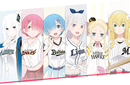 HD desktop wallpaper featuring anime characters Frederica Baumann, Beatrice, Emilia, Rem, Ram, and Echidna from Re:Zero - Starting Life in Another World wearing baseball jerseys from various teams.