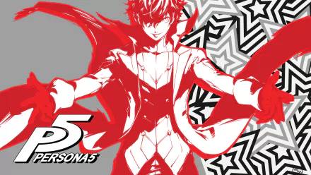HD PC desktop wallpaper featuring Joker from the video game Persona 5 with bold red and black star patterns in the background.