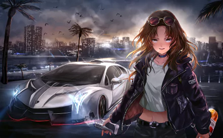 HD desktop wallpaper featuring an anime girl in a stylish outfit with a futuristic white sports car in the background, set against a city skyline at night.
