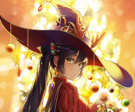 HD desktop wallpaper featuring Mona from Genshin Impact with green eyes and black hair, adorned in a detailed outfit and hat with ornaments, set against a golden, glowing background.