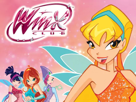 Winx Club logo with fairies Bloom, Stella, Tecna and Musa — red, blonde and blue hair, wings and yellow or blue eyes on a pink 2K Quad HD PC desktop wallpaper background.
