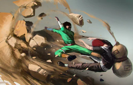 HD PC desktop wallpaper featuring Rock Lee and Gaara (Naruto) in anime action: Rock Lee mid-kick as Gaara's sand erupts from his gourd.
