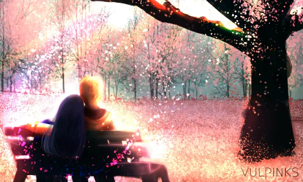 HD anime desktop wallpaper featuring Naruto Uzumaki and Hinata Hyuga sitting together on a bench under a cherry blossom tree, with petals falling around them.