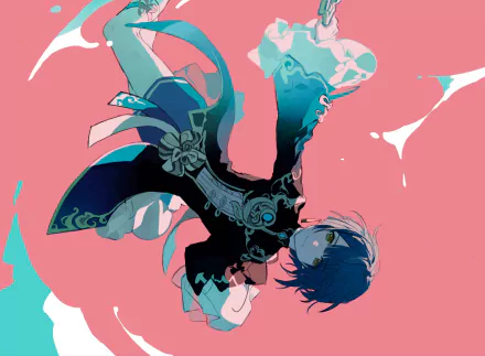 HD PC wallpaper of Xingqiu (Genshin Impact): blue-haired character in ornate teal-and-black outfit floating against a coral backdrop with water motifs — video game artwork.