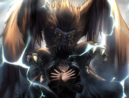 HD desktop wallpaper featuring Megumi Fushiguro from the anime Jujutsu Kaisen, standing with crossed arms and fronted by a menacing creature with sharp claws and black hair illuminated by electrifying light.