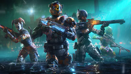 Call of Duty: Mobile video game 4K Ultra HD PC desktop wallpaper/background — four armored operators wading through water, wielding glowing rifles against a neon teal battlefield.