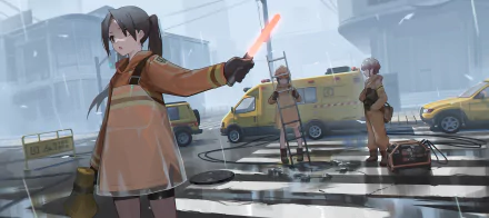 4K Ultra HD anime wallpaper featuring a girl directing traffic with a light baton in a rainy city scene, alongside emergency vehicles and workers.