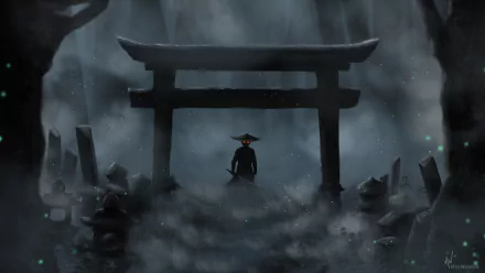HD PC desktop wallpaper/background: Jin Sakai silhouette kneeling beneath a misty torii gate in Ghost of Tsushima video game style, shafts of light and stone markers.
