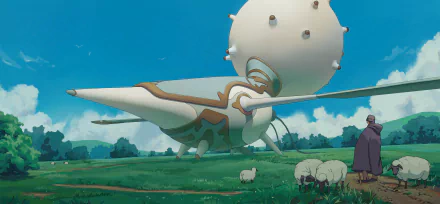 HD wallpaper featuring an animated ship flying above a pastoral scene with sheep and a cloaked figure.
