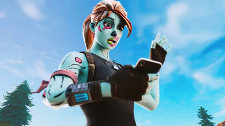 HD Fortnite wallpaper featuring the Ghoul Trooper character against a sky with trees in the background.
