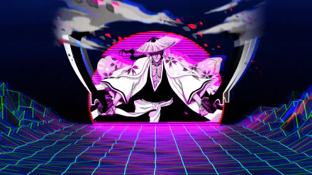 HD PC desktop wallpaper featuring Shunsui Kyōraku from the anime Bleach, depicted with glowing dual swords against a neon grid and vibrant pink moon background.