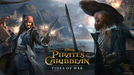 HD wallpaper featuring Jack Sparrow and Hector Barbossa from Pirates of the Caribbean: Tides of War with a dramatic battle scene backdrop.