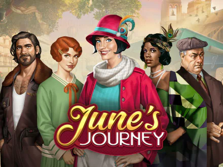 HD wallpaper of June's Journey: Hidden Objects game featuring key characters posing against an adventure-themed backdrop.