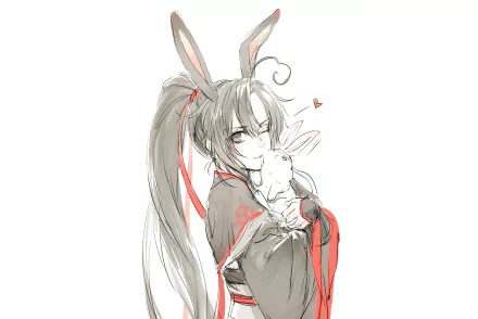 Wei Wuxian (Mo Dao Zu Shi) anime HD PC desktop wallpaper background: soft sketch of him in red-trimmed robes, long ponytail and bunny ears, gently holding a white rabbit.
