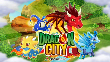 HD desktop wallpaper featuring colorful animated dragons from Dragon City on a vibrant fantasy landscape background.