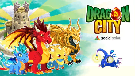 HD Dragon City desktop wallpaper featuring colorful dragons with a backdrop of a fantasy castle.
