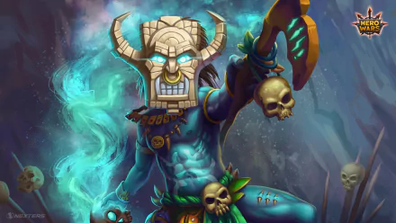 HD wallpaper of a mystical blue-skinned character from Hero Wars, with a skull mask and green accents, set against a magical backdrop.
