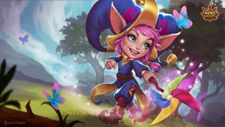 HD desktop wallpaper of a whimsical Hero Wars character in a vibrant, enchanted forest setting.