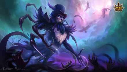 HD Hero Wars desktop wallpaper featuring a dynamic, fantasy creature poised for action against a mystical backdrop.