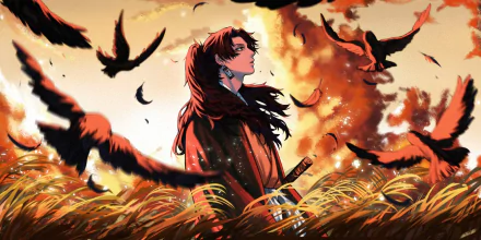 HD anime desktop wallpaper featuring Yoriichi Tsugikuni from Demon Slayer: Kimetsu no Yaiba, surrounded by flying black birds against a fiery sky.
