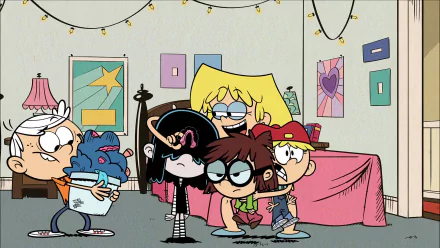A vibrant HD desktop wallpaper from The Loud House, featuring siblings in a playful scene, showcasing their distinct personalities and lively interactions in a cozy bedroom setting.