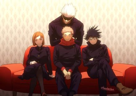 HD desktop wallpaper of Jujutsu Kaisen characters Satoru Gojo, Nobara Kugisaki, Yuji Itadori, and Megumi Fushiguro seated on a red sofa.