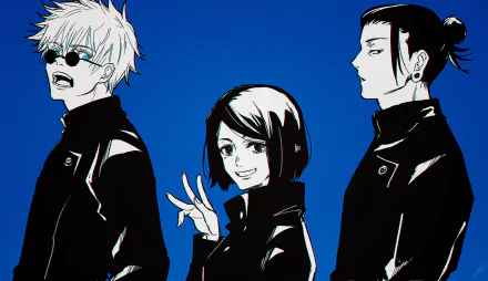 HD desktop wallpaper featuring Satoru Gojo, Shoko Ieiri, and Suguru Geto from Jujutsu Kaisen, depicted in stylized anime art against a blue background.