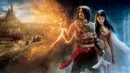 HD desktop wallpaper featuring Jake Gyllenhaal and Gemma Arterton in Prince of Persia: The Sands of Time movie, showcasing an epic and adventurous scene.