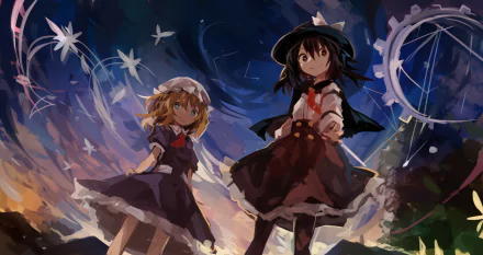 4K Ultra HD anime wallpaper featuring Maribel Hearn and Renko Usami from the Touhou series against a dynamic, starry night sky background.