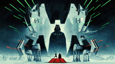 HD desktop wallpaper featuring Darth Vader, AT-AT Walkers, and a scene from Star Wars Episode V: The Empire Strikes Back, with vibrant green and red lights streaking across the dark background.