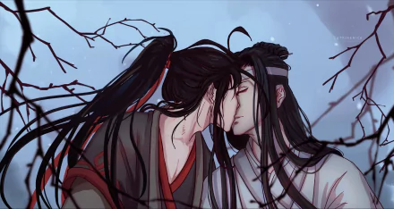 HD PC desktop wallpaper featuring anime-style characters from Mo Dao Zu Shi sharing an intimate moment against a serene, wintery background.