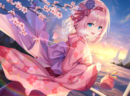 Yui Kusano from Princess Connect! Re:Dive in a pink kimono with short pink hair and aqua eyes, sitting by water at sunset with cherry blossoms in 4K Ultra HD anime style.